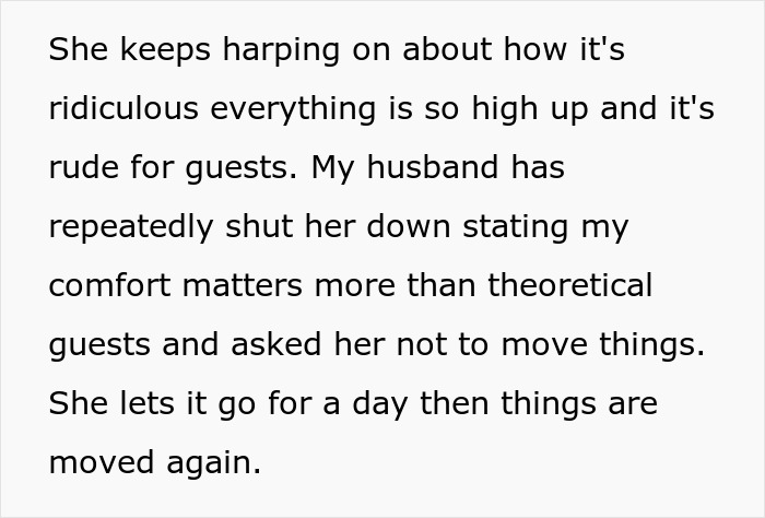 Text screenshot regarding a woman's frustration over her MIL's actions, leading to tension and her husband's intervention. Text screenshot regarding a woman's frustration over her MIL's actions, leading to tension and her husband's intervention.