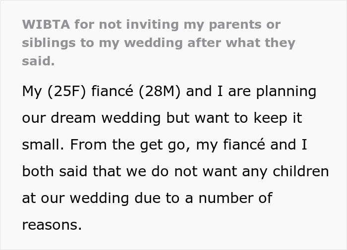 Text expressing couple's wish for a child-free wedding to avoid turning their dream into a nightmare. Text expressing couple's wish for a child-free wedding to avoid turning their dream into a nightmare.