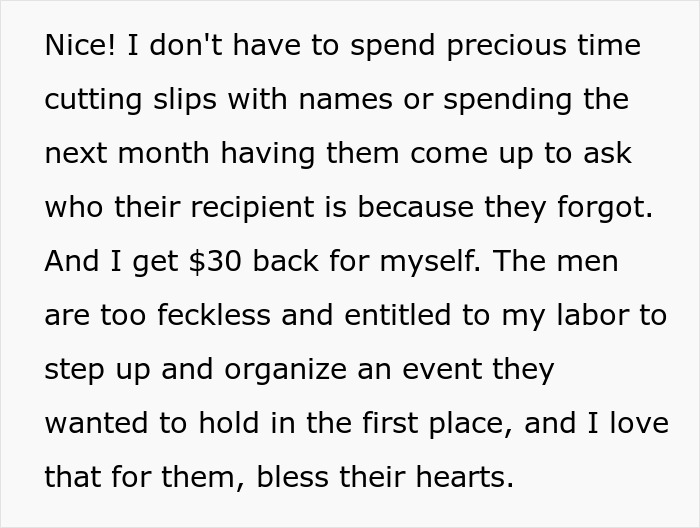 Text expressing frustration about organizing Secret Santa, highlighting women's decision to stop participating. Text expressing frustration about organizing Secret Santa, highlighting women's decision to stop participating.