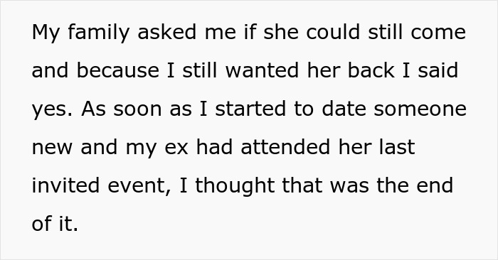 Text discussing family inviting ex to Thanksgiving and Christmas; person reflects on allowing her to attend past events. Text discussing family inviting ex to Thanksgiving and Christmas; person reflects on allowing her to attend past events.