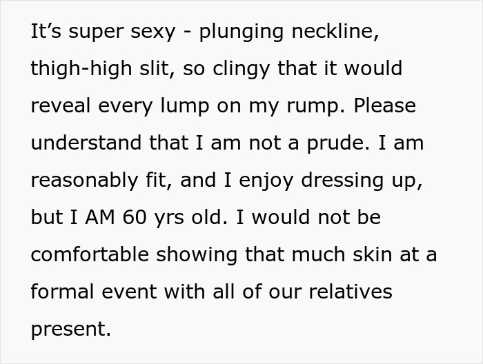 Text expressing discomfort with a revealing bridesmaid dress, questioning appropriateness for a formal event. Text expressing discomfort with a revealing bridesmaid dress, questioning appropriateness for a formal event.