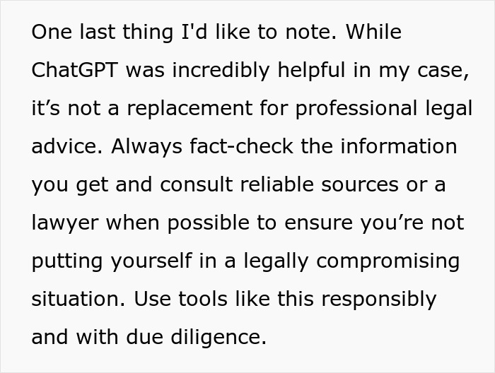 Screenshot of tenant advice on using ChatGPT responsibly, emphasizing fact-checking and consulting legal professionals. Screenshot of tenant advice on using ChatGPT responsibly, emphasizing fact-checking and consulting legal professionals.