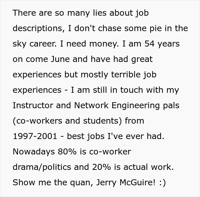 Text from a job applicant discussing career experiences and workplace politics. Text from a job applicant discussing career experiences and workplace politics.