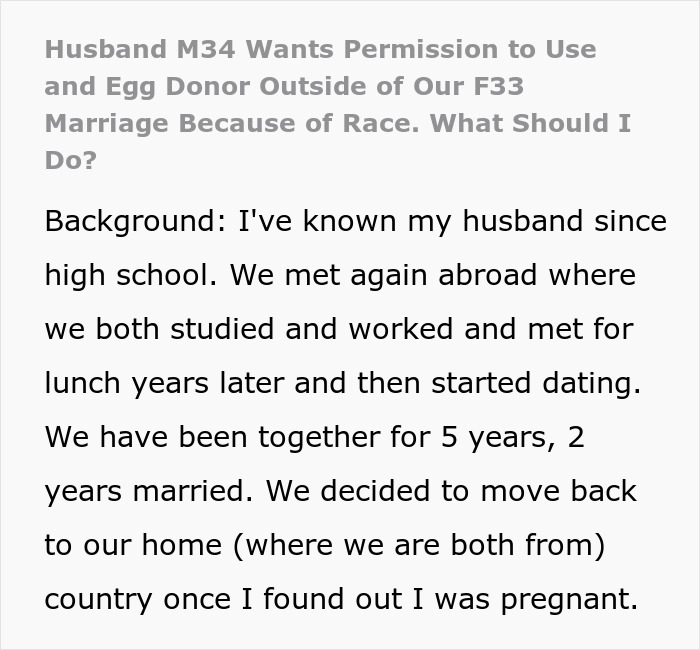 Text about a man seeking an egg donor due to racial features, questioning marriage decisions. Text about a man seeking an egg donor due to racial features, questioning marriage decisions.