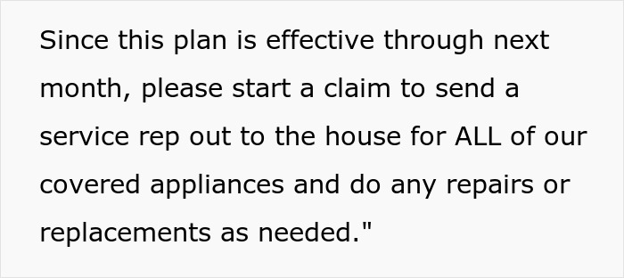 Text on a white background about making service claims for appliance repairs under a plan effective until next month. Text on a white background about making service claims for appliance repairs under a plan effective until next month.