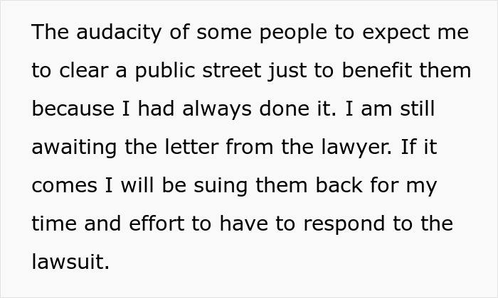 Text about neighbor disputes over snow shoveling, mentioning legal action. Text about neighbor disputes over snow shoveling, mentioning legal action.
