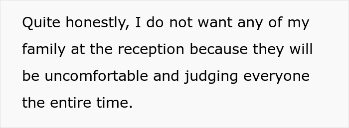 Text discussing discomfort about family at a wedding reception, related to a bride changing the wedding date. Text discussing discomfort about family at a wedding reception, related to a bride changing the wedding date.