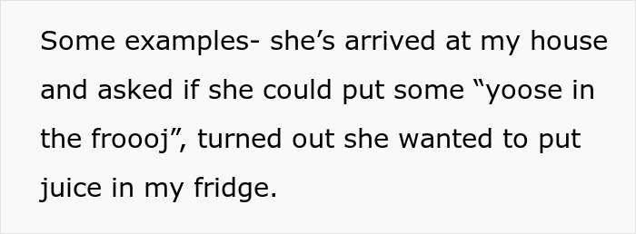 Text excerpt highlighting baby talk with words like “yoose in the froooj” instead of juice in the fridge. Text excerpt highlighting baby talk with words like “yoose in the froooj” instead of juice in the fridge.