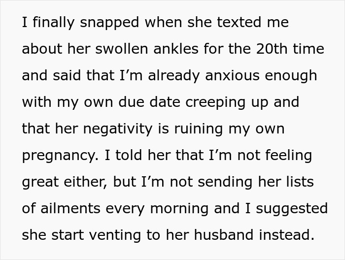 Text message about pregnant friend complaining and emotions. Text message about pregnant friend complaining and emotions.