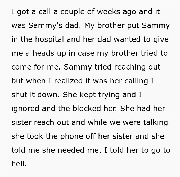 Text describing a tense situation involving an ex-friend and brother in hospital. Text describing a tense situation involving an ex-friend and brother in hospital.