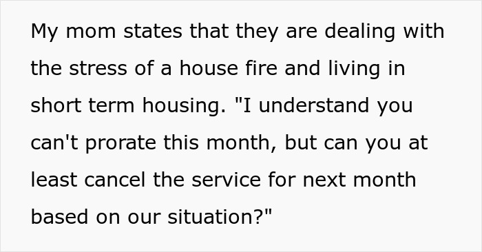 Text exchange about a house fire and living in short-term housing, involving a request for service cancellation. Text exchange about a house fire and living in short-term housing, involving a request for service cancellation.