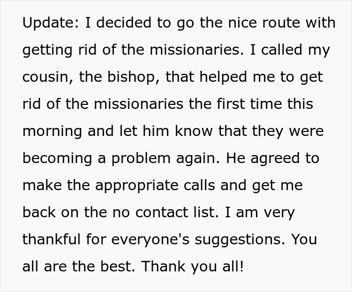 Text of a message discussing a strategy to manage persistent Mormons with the help of a bishop. Text of a message discussing a strategy to manage persistent Mormons with the help of a bishop.