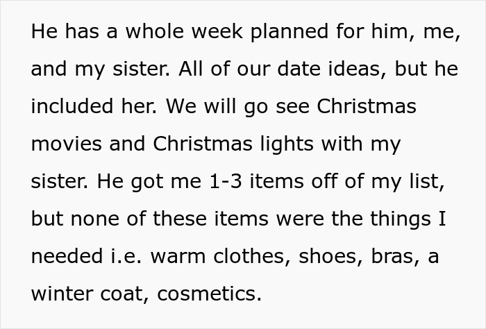 Text message reveals man's surprise plan with girlfriend and sister, lacking needed gifts like clothes and cosmetics. Text message reveals man's surprise plan with girlfriend and sister, lacking needed gifts like clothes and cosmetics.