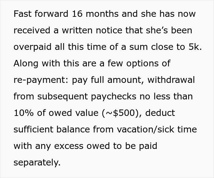 Written notice of a 16-month overpayment with repayment options, including full amount or paycheck deductions. Written notice of a 16-month overpayment with repayment options, including full amount or paycheck deductions.