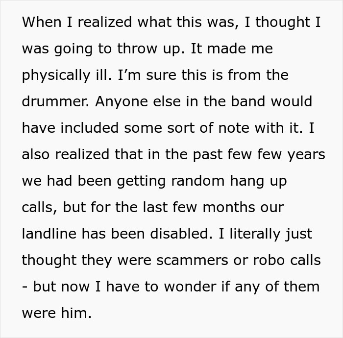 Text description revealing a woman's past stalker reappearing, causing distress and suspicion. Text description revealing a woman's past stalker reappearing, causing distress and suspicion.