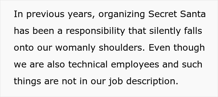 Text highlighting female employees refusing Secret Santa planning duties. Text highlighting female employees refusing Secret Santa planning duties.