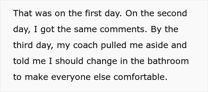 Text excerpt discussing a coach's request for a teen to change in the bathroom for others' comfort. Text excerpt discussing a coach's request for a teen to change in the bathroom for others' comfort.