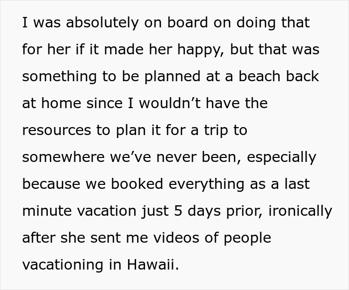 Text discussing a couple's vacation planning challenges and proposal expectations. Text discussing a couple's vacation planning challenges and proposal expectations.