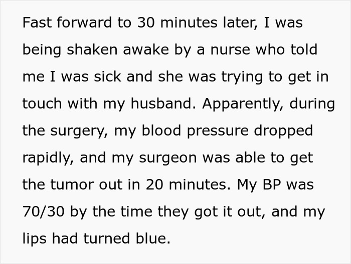 Text from an emotional account describing a critical moment during surgery, husband's absence noted. Text from an emotional account describing a critical moment during surgery, husband's absence noted.