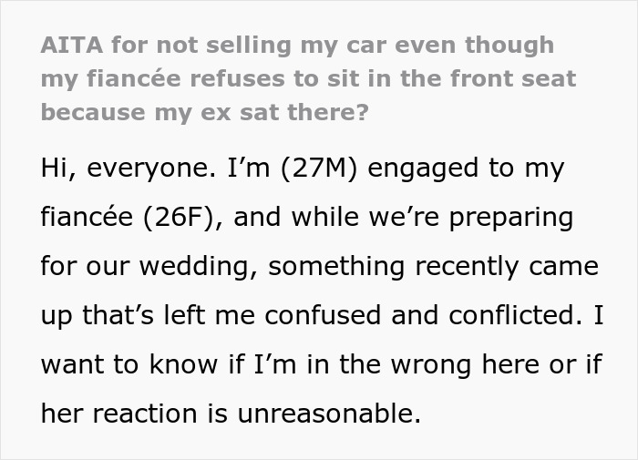 Text discussing fiance's demand to sell car due to ex sitting in the front seat. Text discussing fiance's demand to sell car due to ex sitting in the front seat.