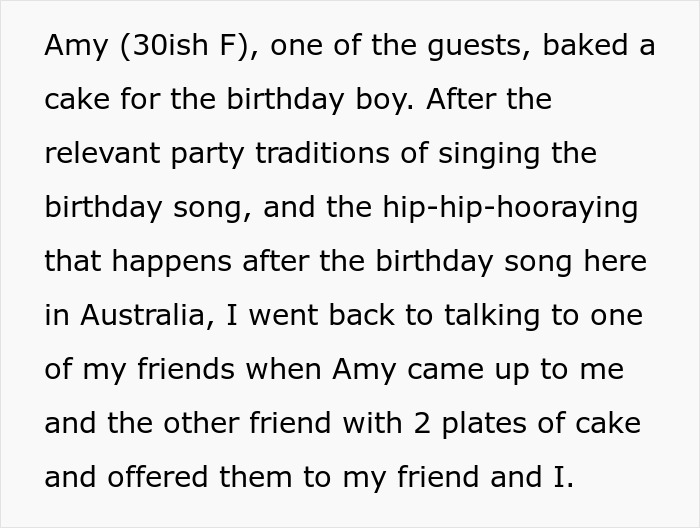Guest Amy brings cake at a friend's birthday party in Australia, offering two plates during the celebration. Guest Amy brings cake at a friend's birthday party in Australia, offering two plates during the celebration.
