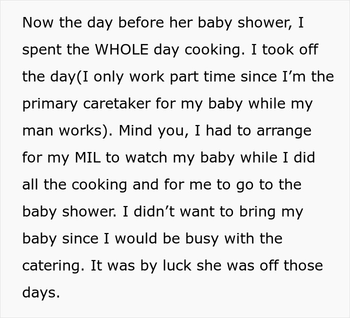 Text about a woman uninvited from a baby shower discussing her cooking and caregiving efforts. Text about a woman uninvited from a baby shower discussing her cooking and caregiving efforts.