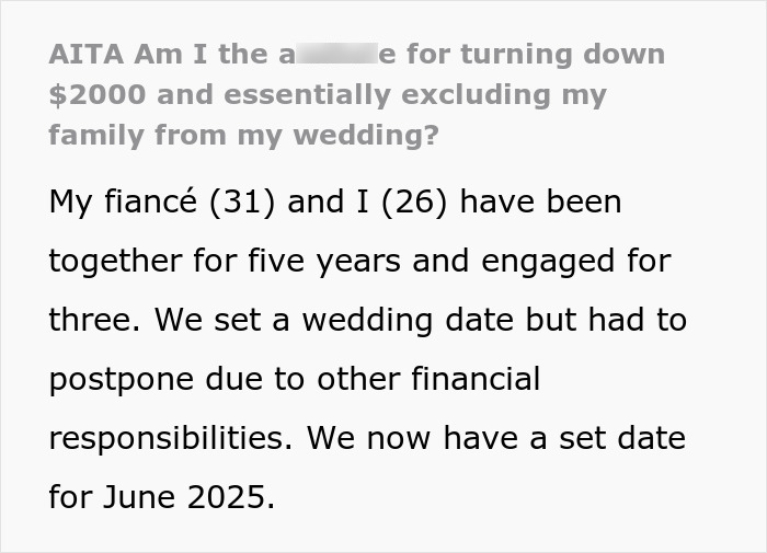 Text discussing wedding date postponement and rejecting financial aid. Text discussing wedding date postponement and rejecting financial aid.