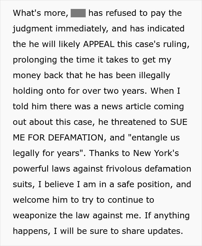 Text describing a landlord's refusal to comply with a court ruling and threats of legal action. Text describing a landlord's refusal to comply with a court ruling and threats of legal action.