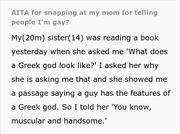 Text screenshot discussing a son's reaction to his mom assuming he's gay, leading to family drama. Text screenshot discussing a son's reaction to his mom assuming he's gay, leading to family drama.
