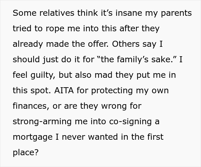 Text about feeling guilty for prioritizing finances over helping family with mortgage co-signing. Text about feeling guilty for prioritizing finances over helping family with mortgage co-signing.