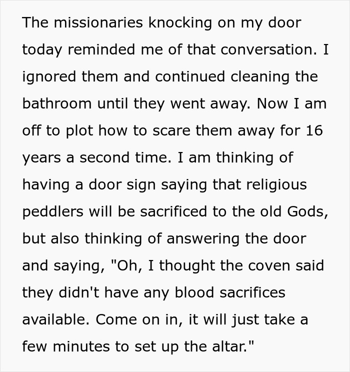Text describes a humorous plan to avoid persistent Mormons with signs and jokes about sacrifices and altars. Text describes a humorous plan to avoid persistent Mormons with signs and jokes about sacrifices and altars.