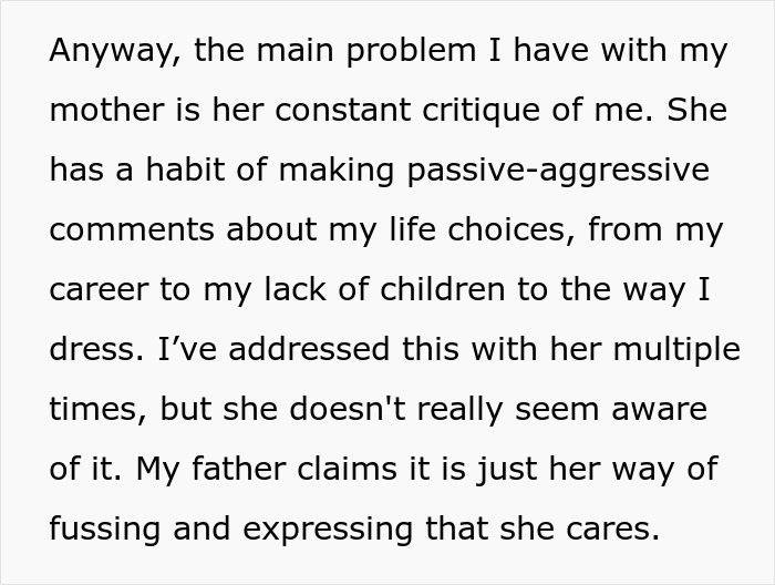 Text about a mother's passive-aggressive comments causing tension during Thanksgiving. Text about a mother's passive-aggressive comments causing tension during Thanksgiving.