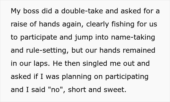 Text describing female employees refusing to plan Secret Santa, emphasizing non-participation in holiday office activities. Text describing female employees refusing to plan Secret Santa, emphasizing non-participation in holiday office activities.