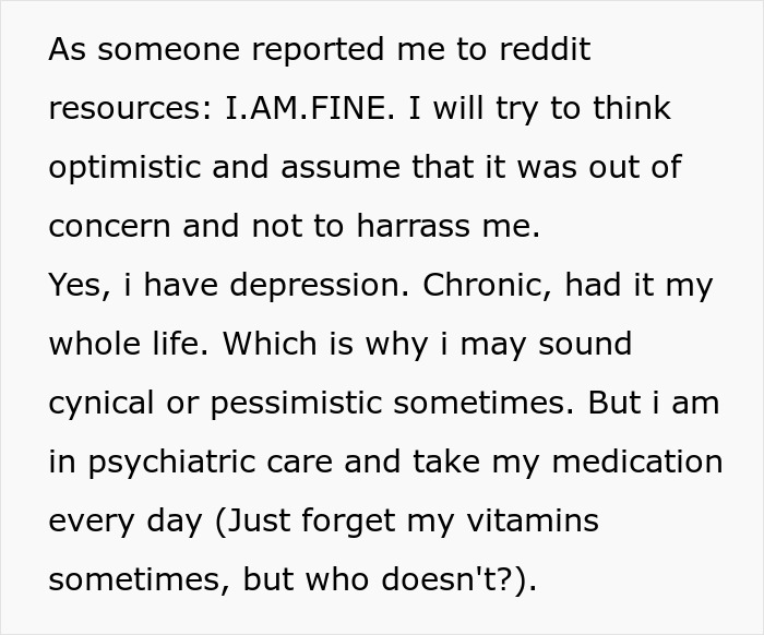 Text expressing experiences with depression and being reported to Reddit resources. Text expressing experiences with depression and being reported to Reddit resources.