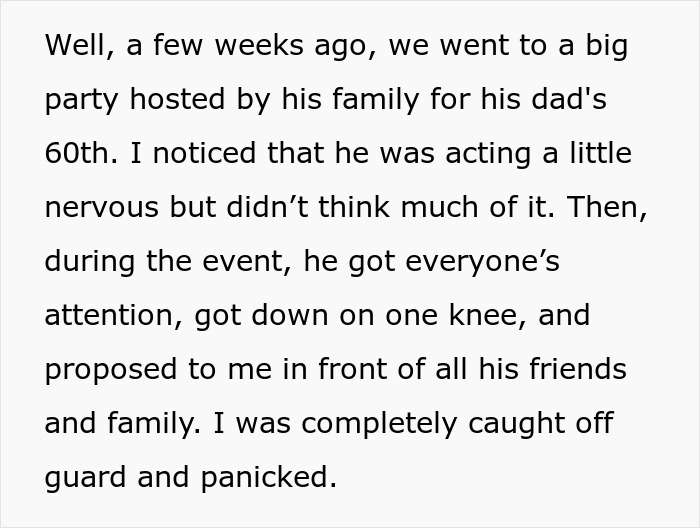 Text describing a surprise public marriage proposal at a family party, leading to a private refusal. Text describing a surprise public marriage proposal at a family party, leading to a private refusal.