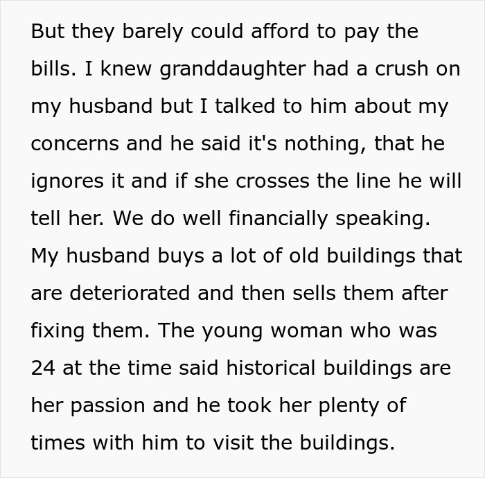 Text discussing a granddaughter's crush on a husband, financial stability, and interest in historical buildings. Text discussing a granddaughter's crush on a husband, financial stability, and interest in historical buildings.