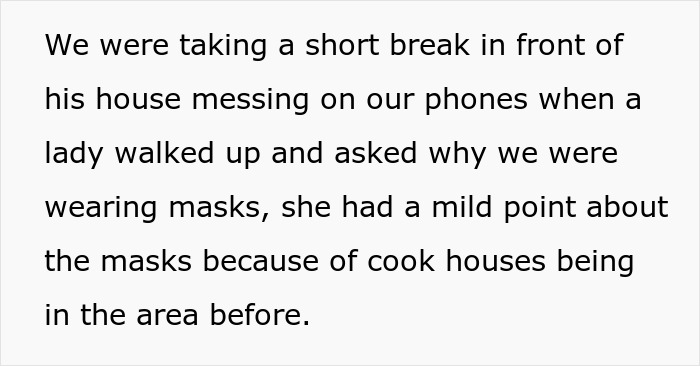 Text image discussing a woman questioning the use of masks, mentioning previous cook houses in the area, highlighting petty revenge. Text image discussing a woman questioning the use of masks, mentioning previous cook houses in the area, highlighting petty revenge.
