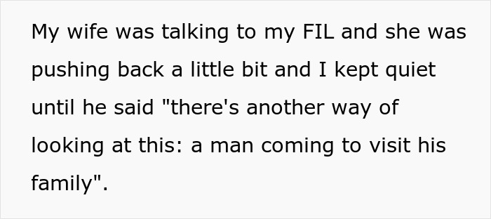 Text discussing a holiday season conflict over father-in-law's arrival time. Text discussing a holiday season conflict over father-in-law's arrival time.