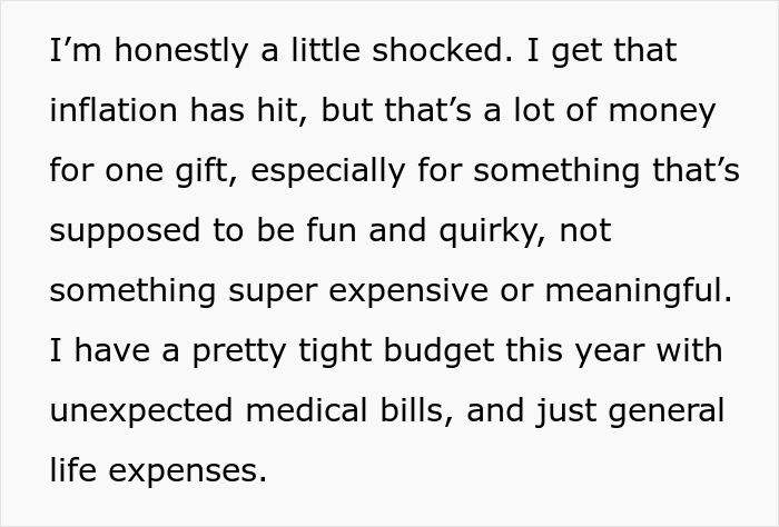 Text expressing concerns about the high price of a White Elephant gift impacting Christmas plans and budget. Text expressing concerns about the high price of a White Elephant gift impacting Christmas plans and budget.