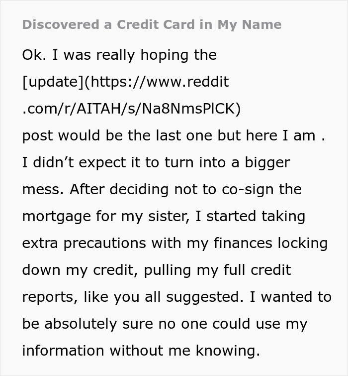 Text details financial precautions after not co-signing sister's mortgage. Text details financial precautions after not co-signing sister's mortgage.