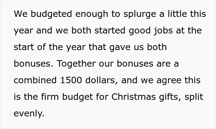 Text about budgeting $1500 for Christmas gifts after receiving bonuses from new jobs. Text about budgeting $1500 for Christmas gifts after receiving bonuses from new jobs.