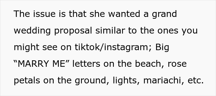 Text describing a grand wedding proposal with "MARRY ME" letters on the beach, rose petals, and mariachi. Text describing a grand wedding proposal with "MARRY ME" letters on the beach, rose petals, and mariachi.