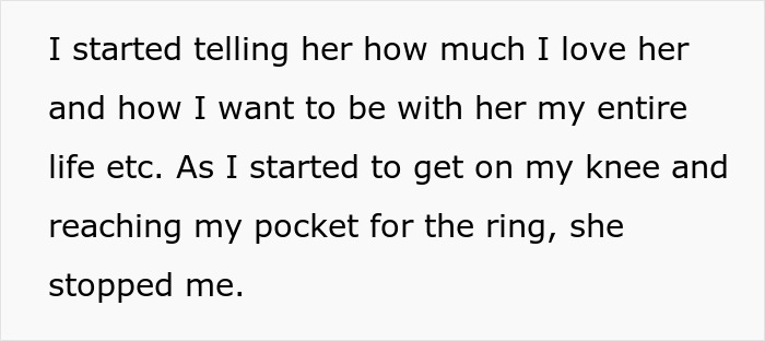 Text describing a proposal attempt stopped by the girlfriend, leading to later regret. Text describing a proposal attempt stopped by the girlfriend, leading to later regret.