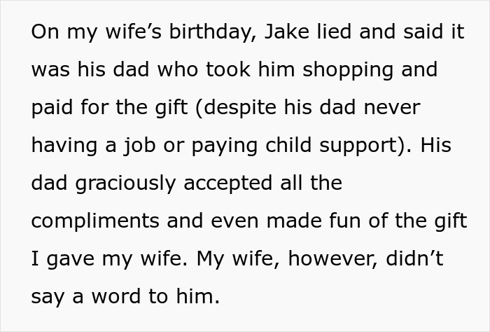 Text highlighting wife's birthday, her ex lying about gift purchase, and husband's frustration. Text highlighting wife's birthday, her ex lying about gift purchase, and husband's frustration.