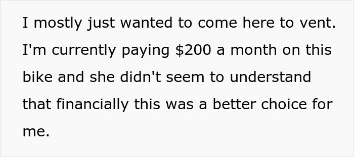 Text discusses paying $200 monthly for a motorcycle as a better financial choice. Text discusses paying $200 monthly for a motorcycle as a better financial choice.
