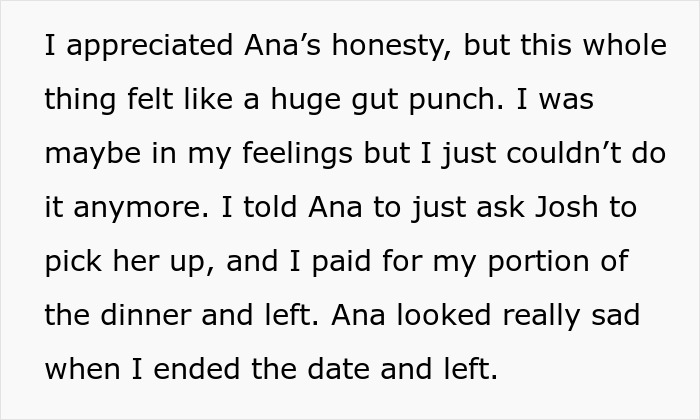 Text message about leaving a Bumble date mid-dinner, feeling conflicted, and paying for own portion before exiting. Text message about leaving a Bumble date mid-dinner, feeling conflicted, and paying for own portion before exiting.