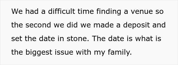 Text discussing issues with wedding date after securing a venue. Text discussing issues with wedding date after securing a venue.