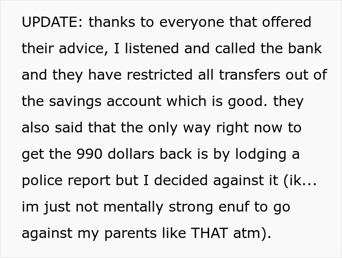 Text update about a daughter's money and parents seeking control, involving bank restrictions and a decision against police action. Text update about a daughter's money and parents seeking control, involving bank restrictions and a decision against police action.