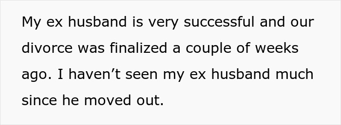 Text discussing successful ex-husband after recent divorce. Text discussing successful ex-husband after recent divorce.