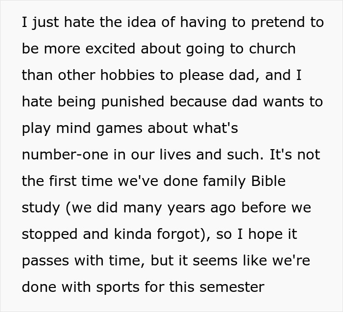 Text discussing family prioritizing Bible study over sports and church activities. Text discussing family prioritizing Bible study over sports and church activities.